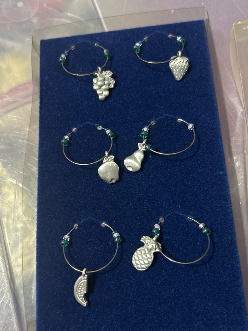 Silver Fruit Charm Wine Glass Markers Set - Green Bead Accents